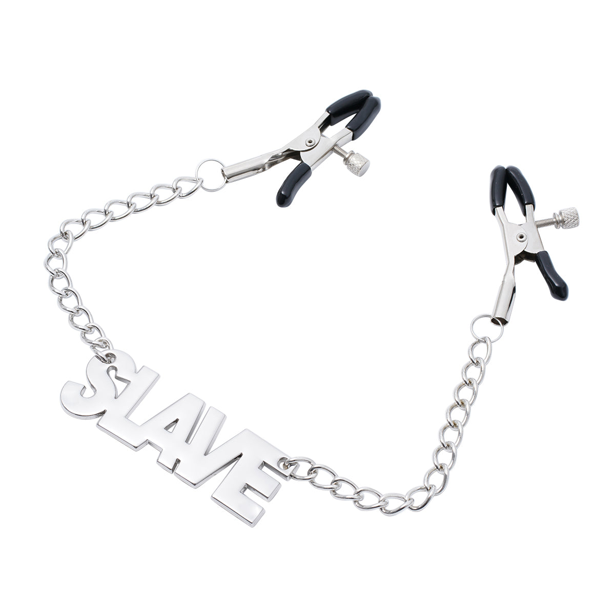 SLAVE word chain with adjustable rubber-tipped metal clamps on a white background.