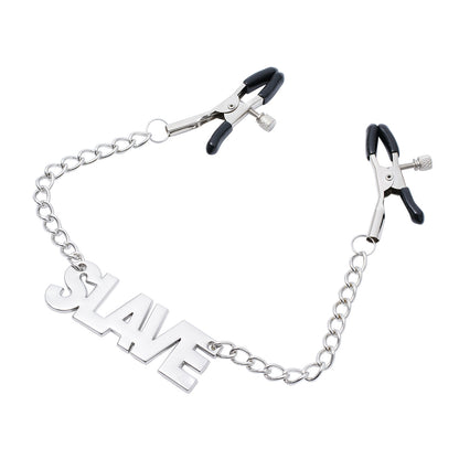 SLAVE word chain with adjustable rubber-tipped metal clamps on a white background.