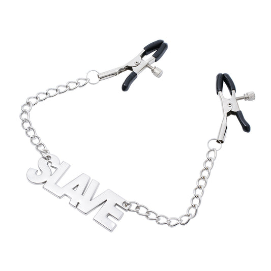 SLAVE word chain with adjustable rubber-tipped metal clamps on a white background.