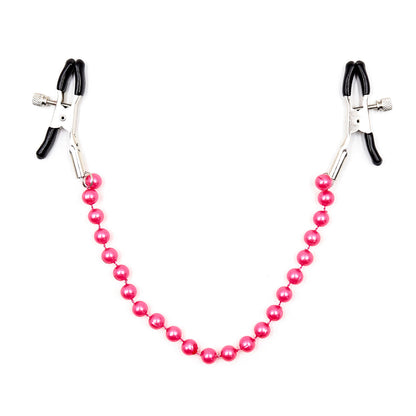 Pink pearl chain nipple clamps with rubber tips and adjustable tension.