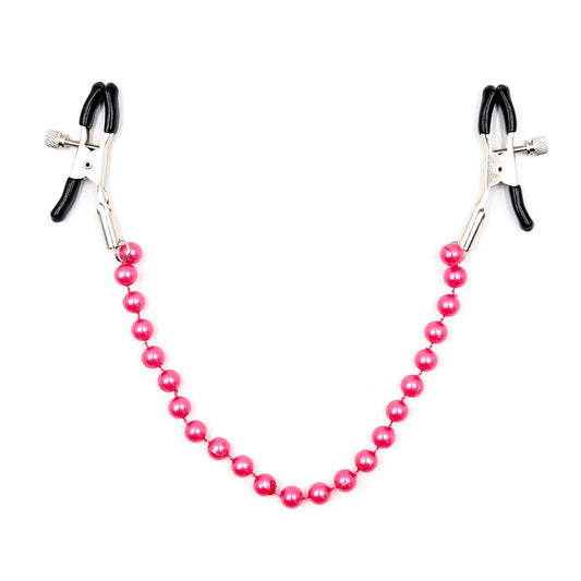 Pink pearl chain nipple clamps with rubber tips and adjustable tension.