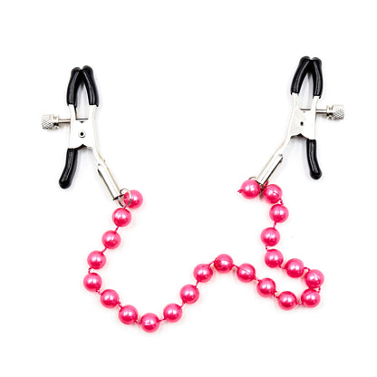 Pink pearl chain nipple clamps with rubber tips and adjustable tension.
