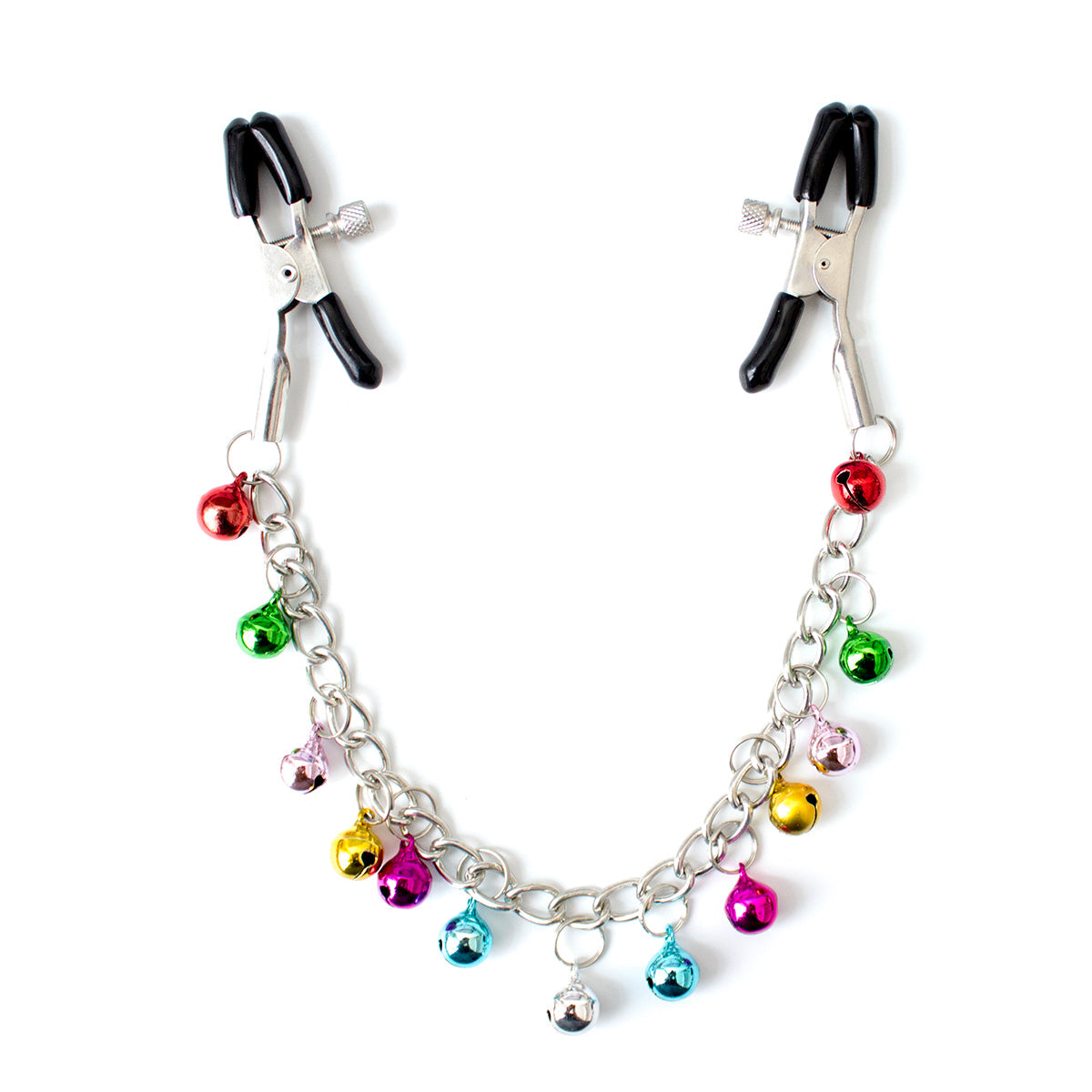 Nipple clamps with dangling rainbow-colored jingle bells and silver chain on a white background. 