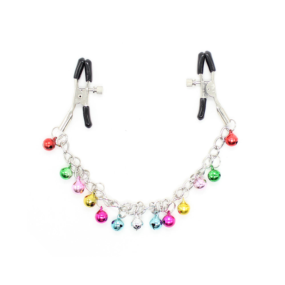 Nipple clamps with dangling rainbow-colored jingle bells and silver chain on a white background. 