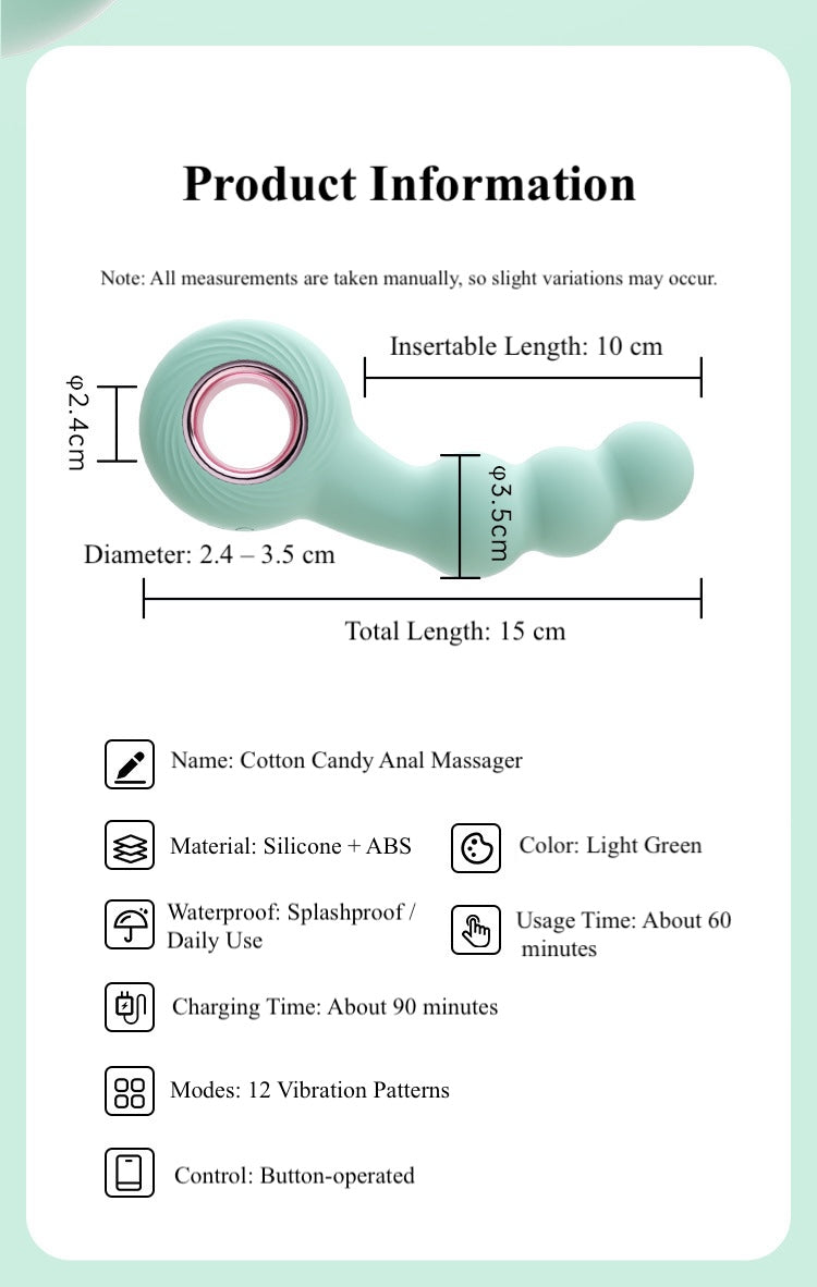 A green anal vibrator with product information including measurement.