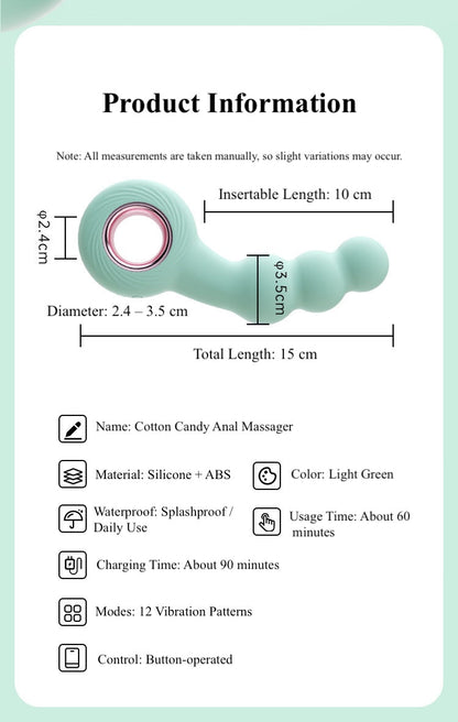 A green anal vibrator with product information including measurement.