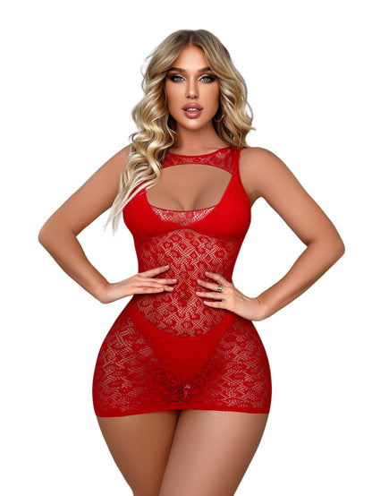 Front view of red lace sheer mini dress showing curve-hugging fit.