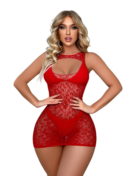 Front view of red lace sheer mini dress showing curve-hugging fit.