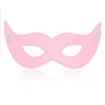 Pink faux leather eye mask with pointed edges and metal studs for roleplay.