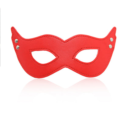 Red faux leather eye mask with pointed edges and metal studs for roleplay.