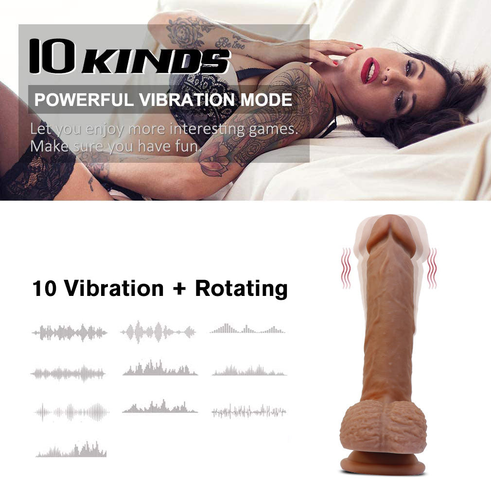 A realistic dildo with a woman seeming to enjoy it highlighting 10 powerful vibration modes plus rotating.