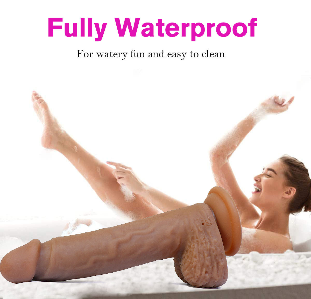 Woman in bathtub with a fully waterproof dildo, text indicating waterproof feature.