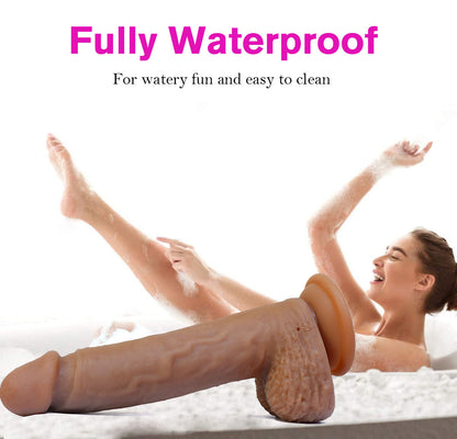 Woman in bathtub with a fully waterproof dildo, text indicating waterproof feature.