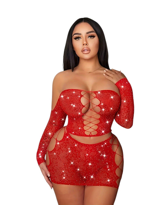 Front view of model wearing red lace cutout mini dress with long sleeves and off-shoulder design.