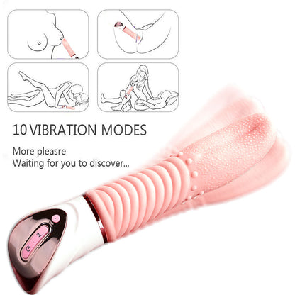 Pink vibrator with illustration of vibration and multiple ways of play on a white background.