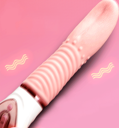 Pink vibrator with thrusting motion in GIF on a pink background.