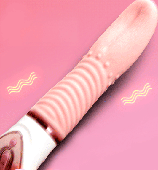 Pink vibrator with thrusting motion in GIF on a pink background.