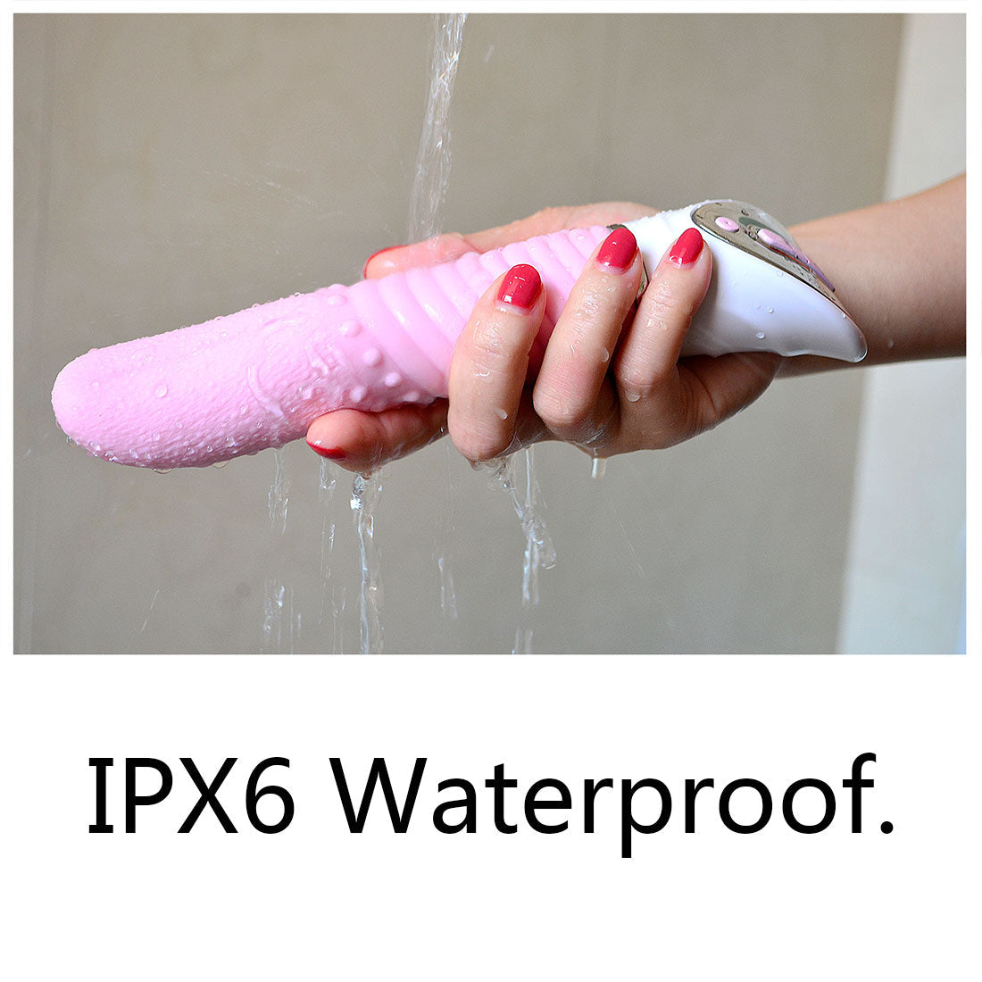 Hand holding a pink vibrator under running water with 'IPX6 Waterproof' text.