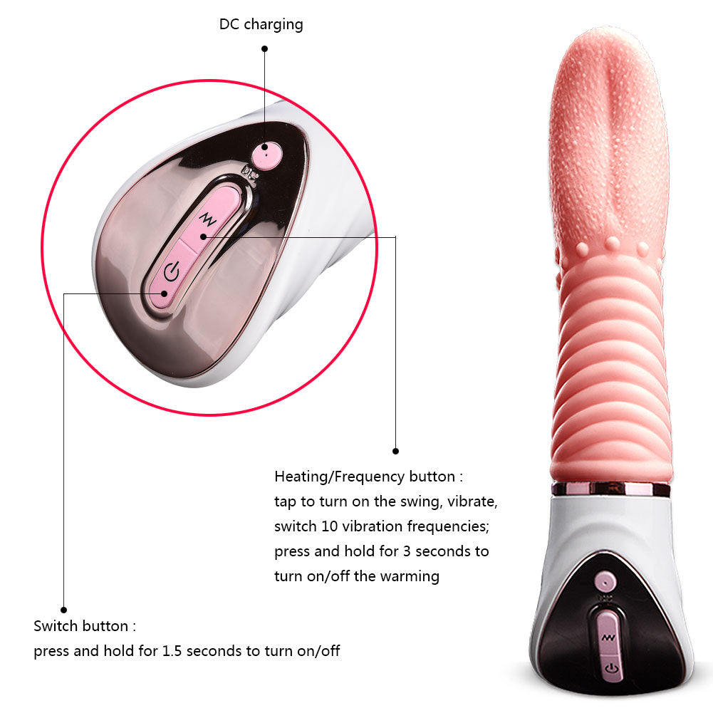 Pink vibrator with charging port and control buttons with text of operating instructions. 
