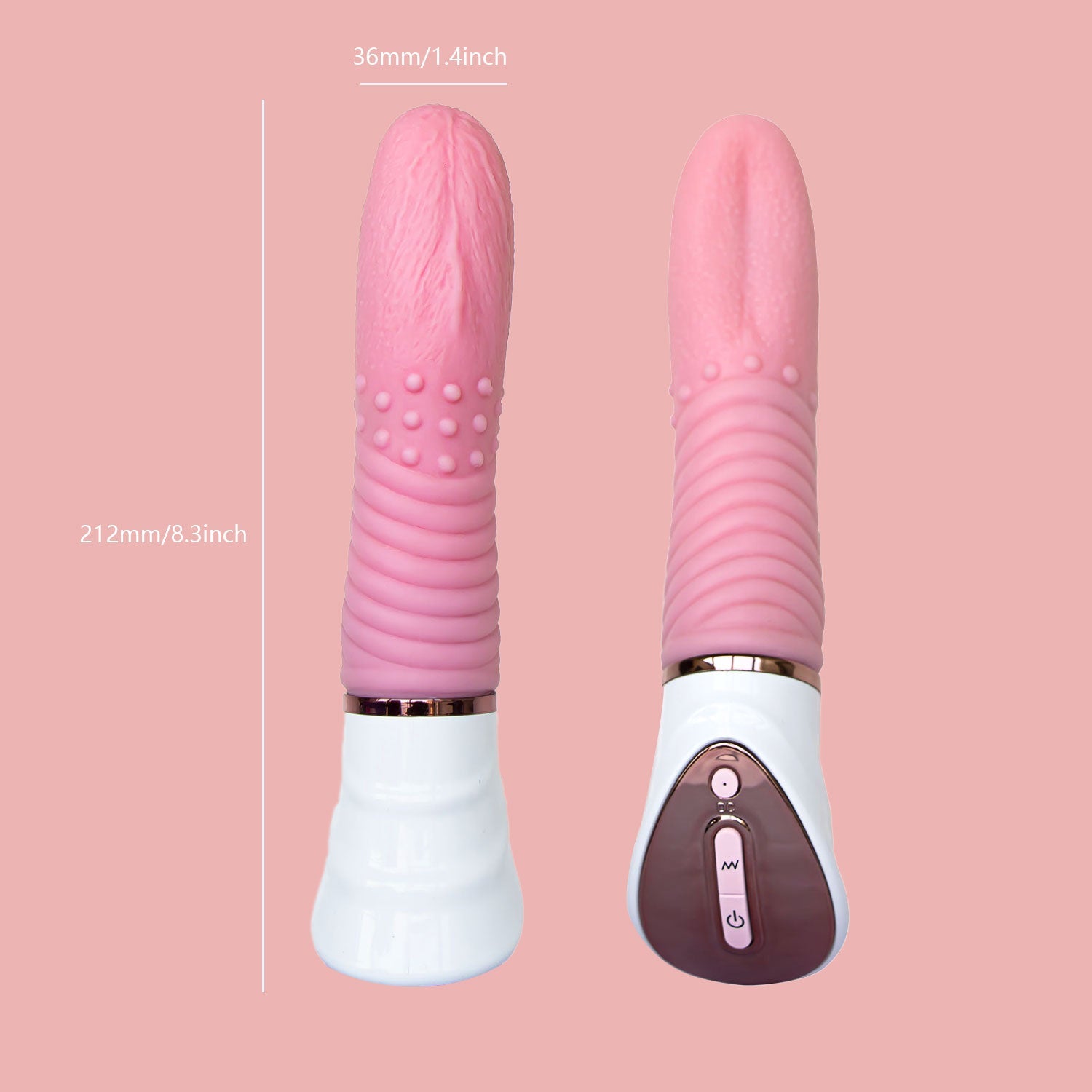 Two pink vibrators on a pink background with measurements indicated.