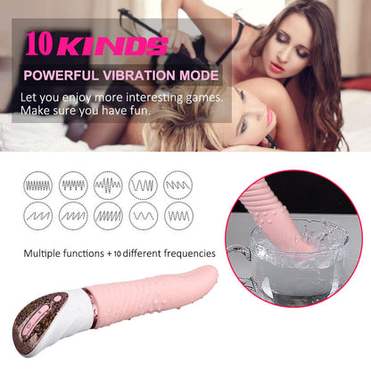 Product advertisement for a pink vibrator  with text about powerful vibration mode and multiple functions.
