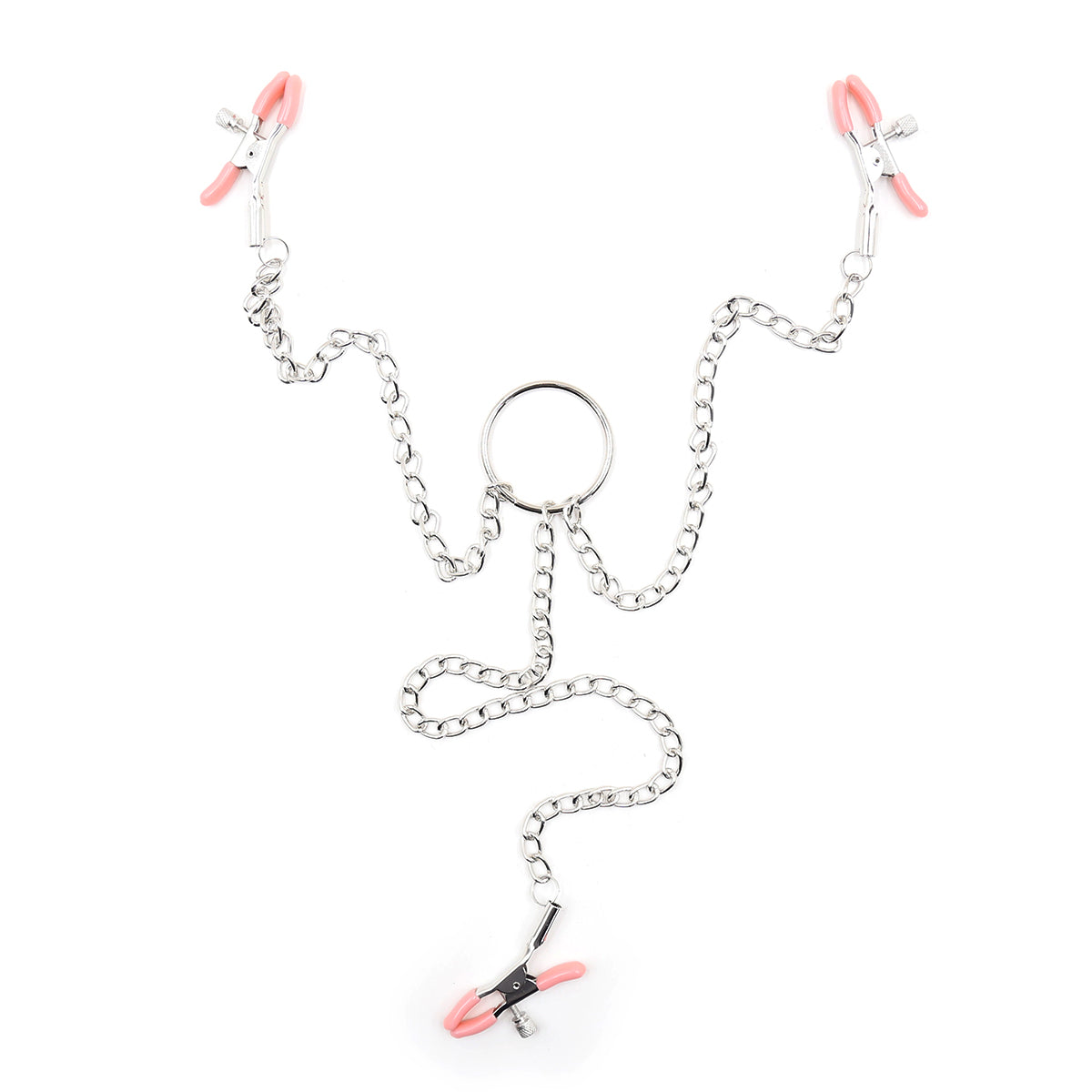 Bondage clamp set with silver chains and pink-tipped nipple and clit clamps.