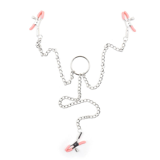 Bondage clamp set with silver chains and pink-tipped nipple and clit clamps.