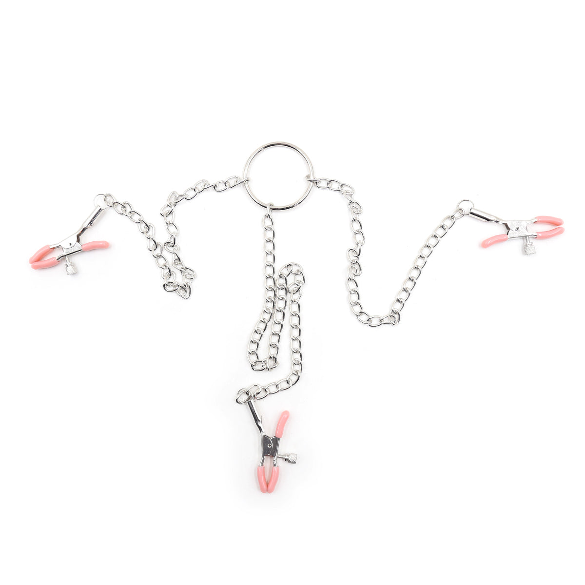 Bondage clamp set with silver chains and pink-tipped nipple and clit clamps.
