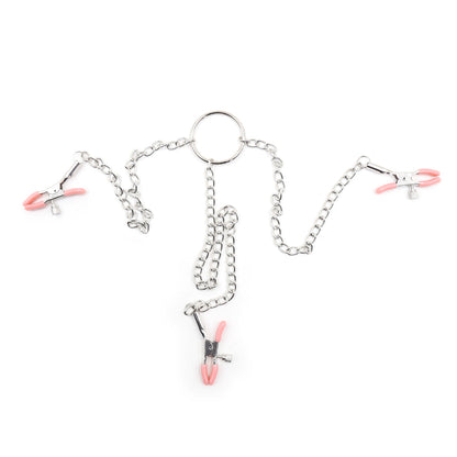 Bondage clamp set with silver chains and pink-tipped nipple and clit clamps.