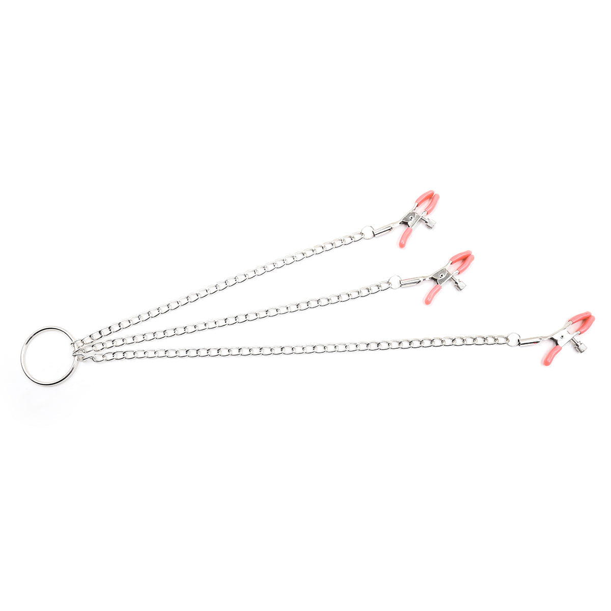 Bondage clamp set with silver chains and pink-tipped nipple and clit clamps.