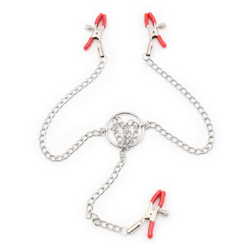 Bondage clamp set with silver chains and red-tipped nipple and clit clamps.