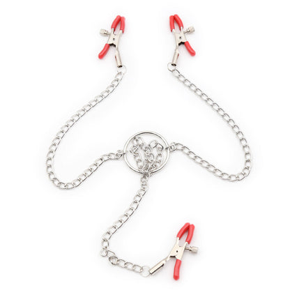 Bondage clamp set with silver chains and red-tipped nipple and clit clamps.