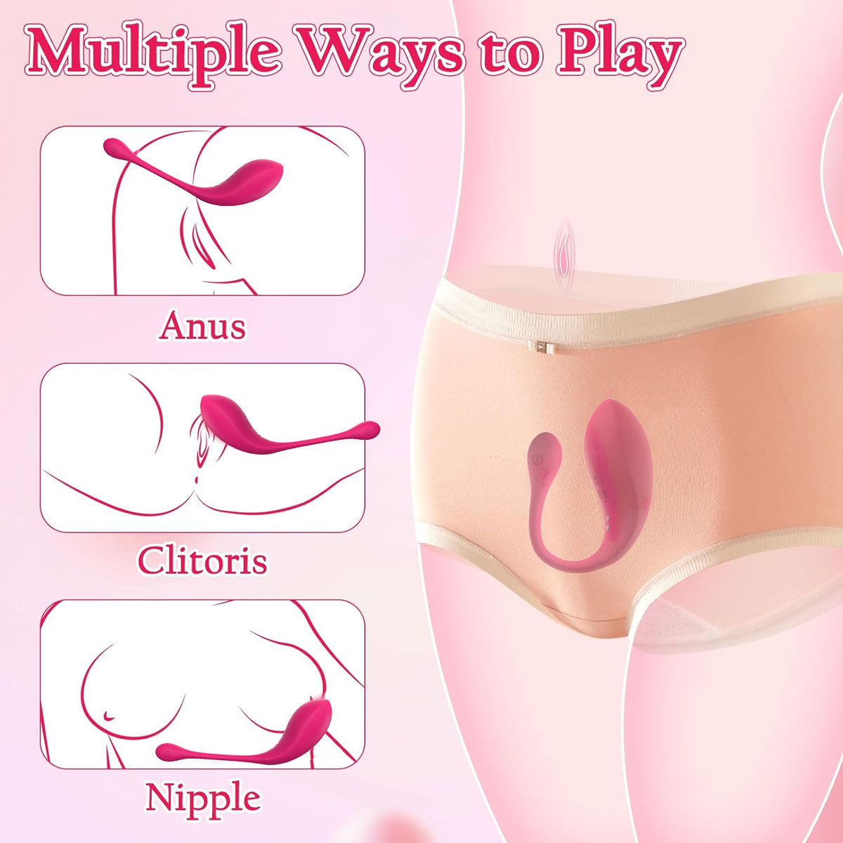 Pink egg vibrator with illustrations of usage on different body parts including anus, clitoris, and nipple. 