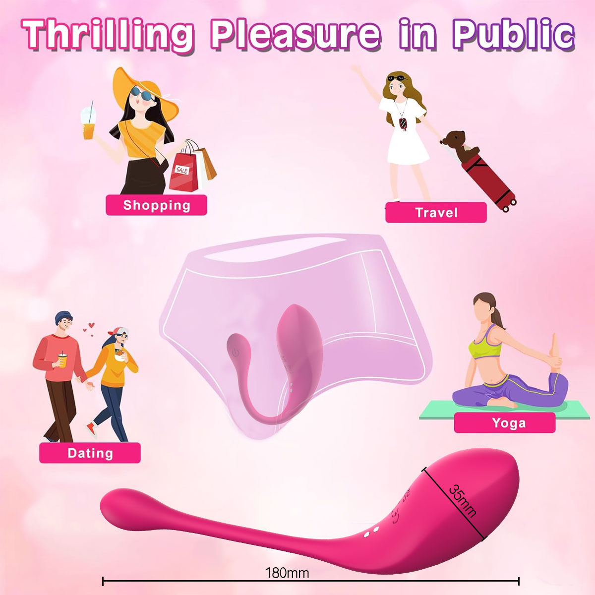 A pink egg vibrator with text 'Thrilling Pleasure in Public' and images of multiple occasions to play including when shopping, traveling, dating, and practising yoga.