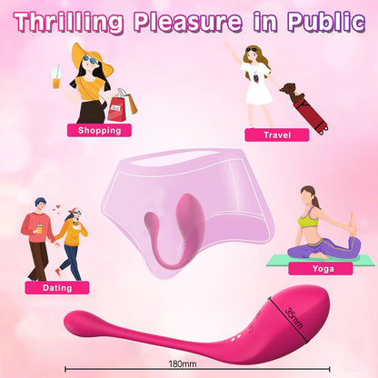A pink egg vibrator with text 'Thrilling Pleasure in Public' and images of multiple occasions to play including when shopping, traveling, dating, and practising yoga.