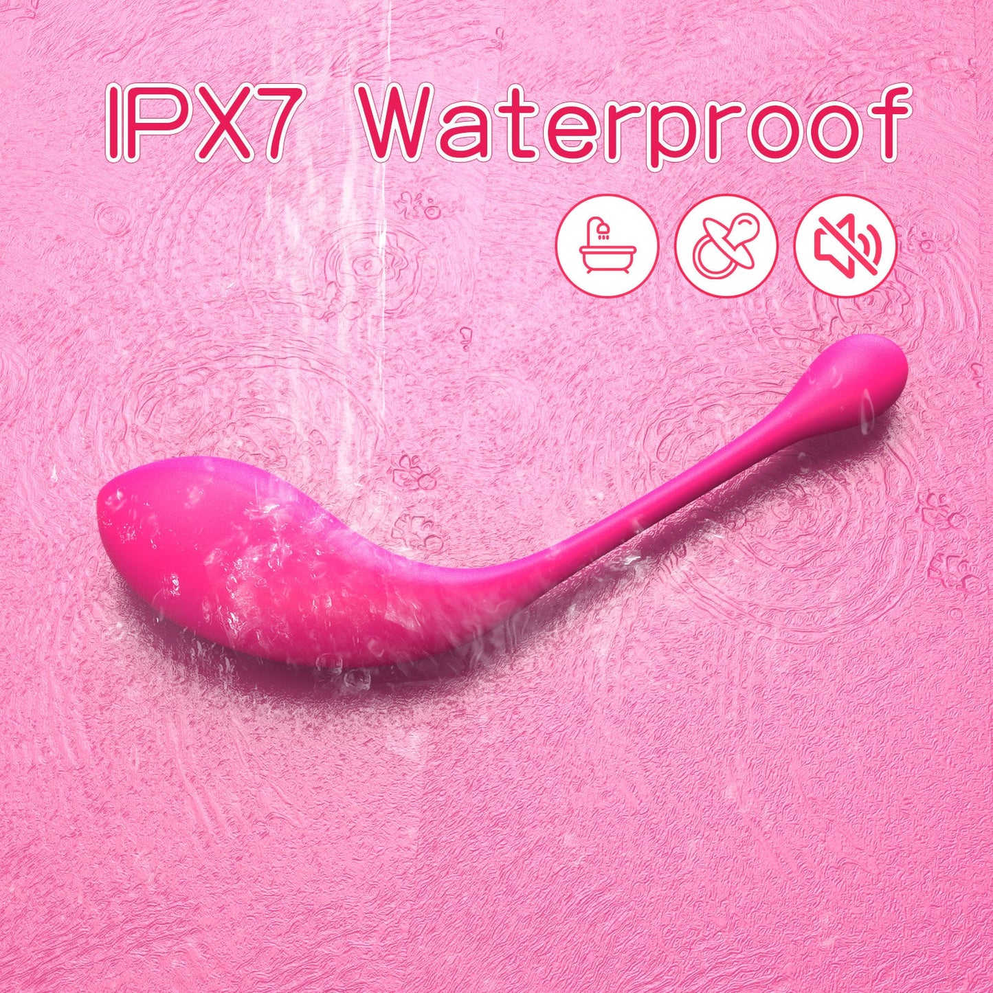 Pink waterproof egg vibrator on a pink background with 'IPX7 Waterproof' text.