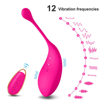 Pink egg vibrator with 12 vibration frequencies on a white background.