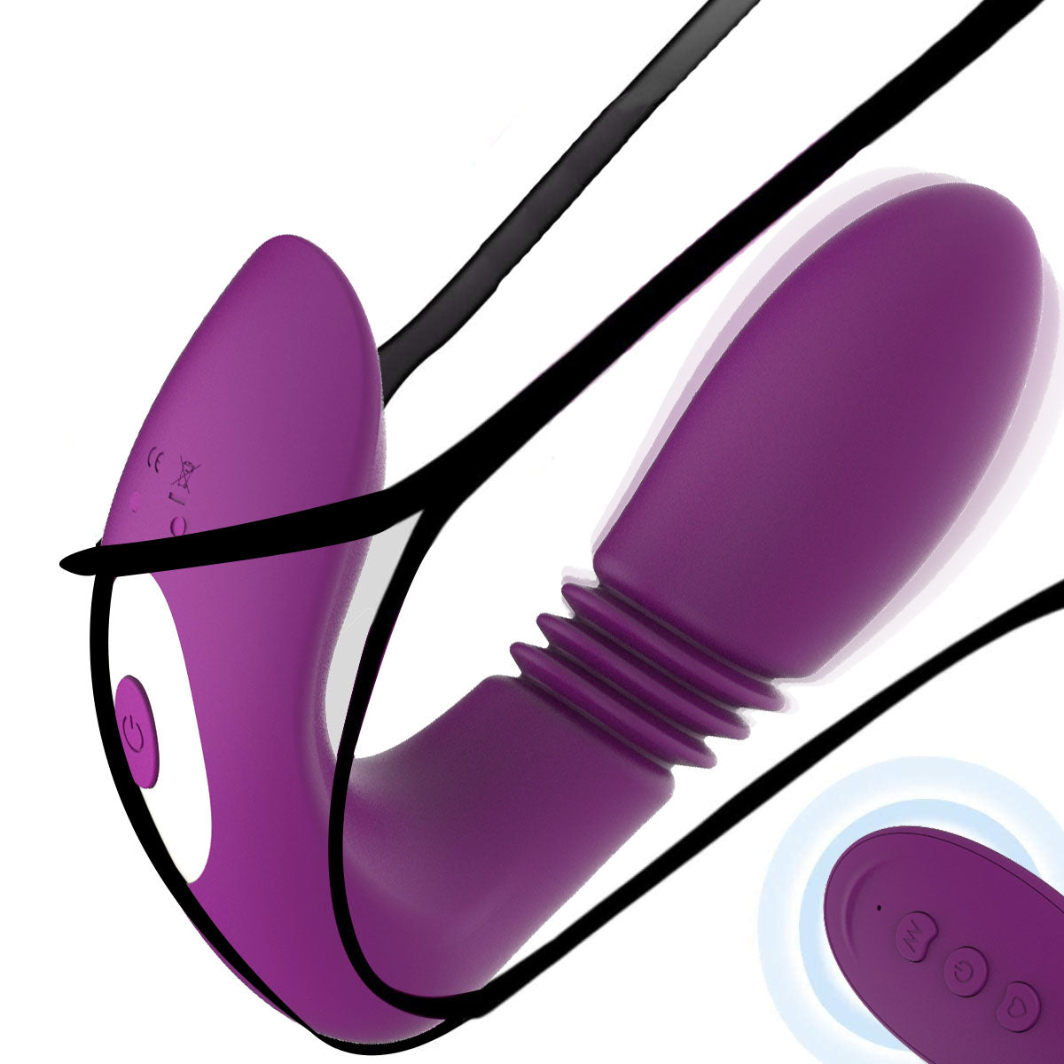 Purple wearable thrusting vibrator with remote control console on white background.