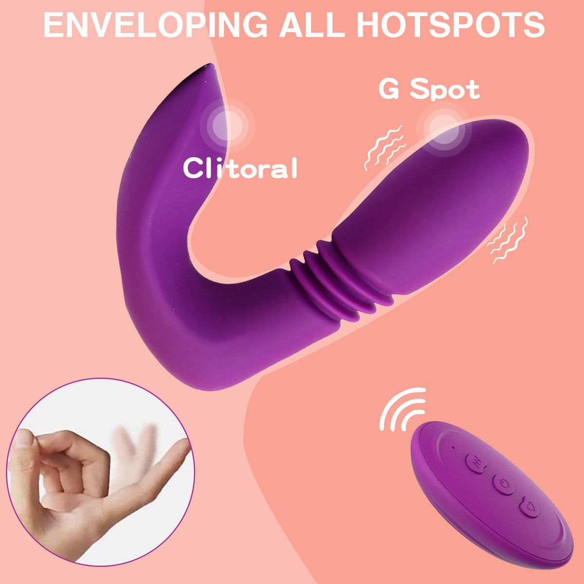 Purple thrusting vibrator with labeled parts indicating clitoral and G Spot on a pink background.