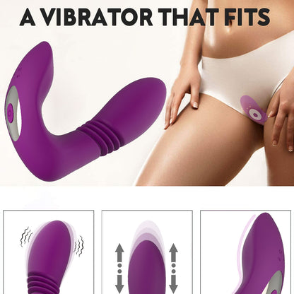Purple vibrator with a person wearing white underwear on a white background.