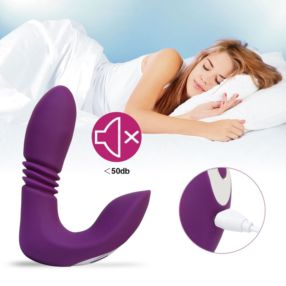 Purple silicone vibrator with sound wave icon and '50db' label next to a woman sleeping. 