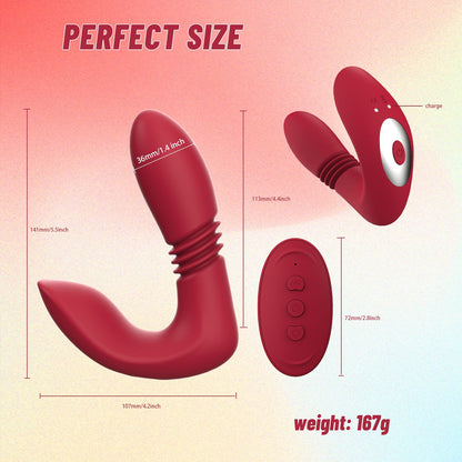 Red thrusting vibrator with measurements and weight details on a gradient background.