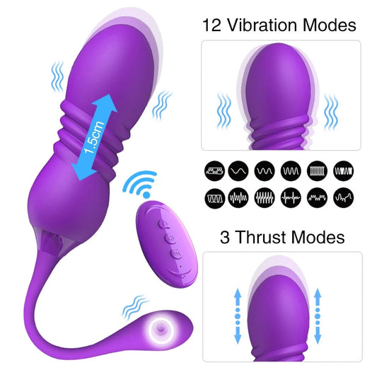 Purple vibrating egg with vibration and thrust modes on a white background.