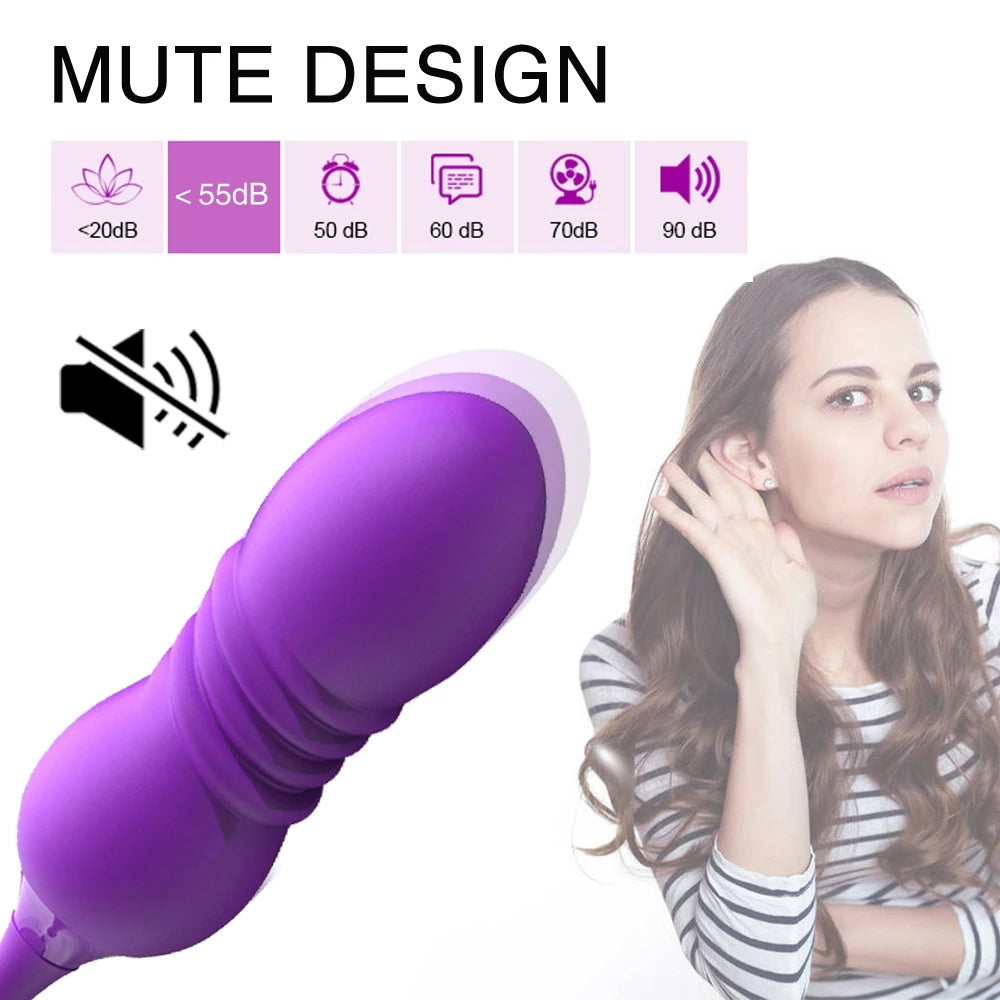 Purple egg vibrator with decibel levels and a woman shielding her ears on a white background.