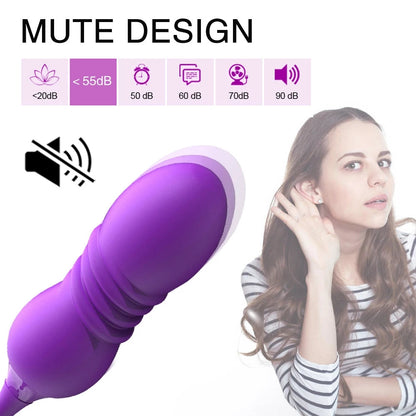 Purple egg vibrator with decibel levels and a woman shielding her ears on a white background.
