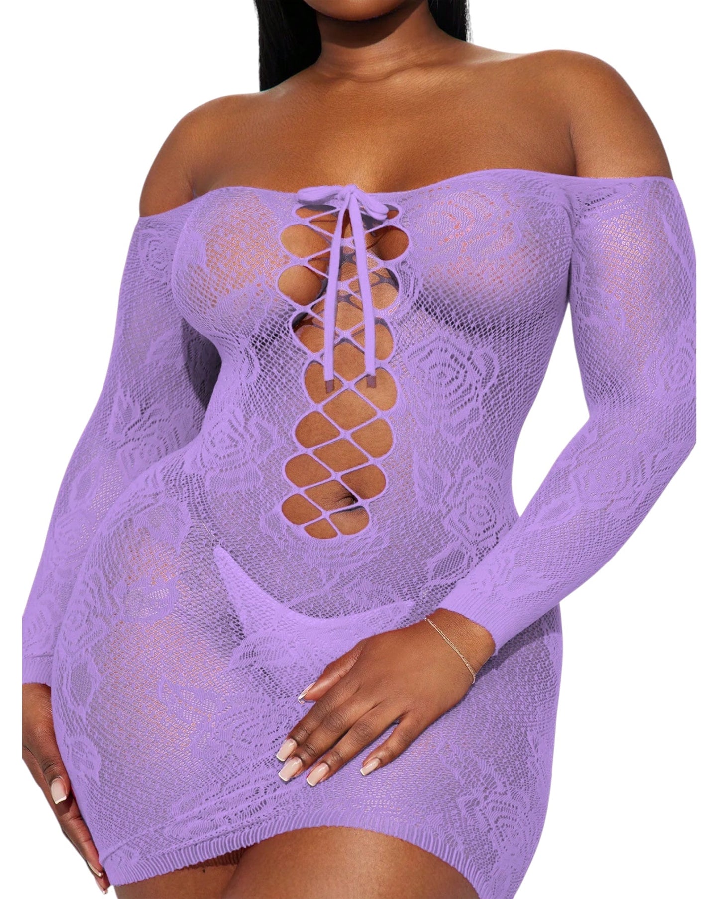 Front view of light purple lace-up off-shoulder mini dress with sheer floral design.