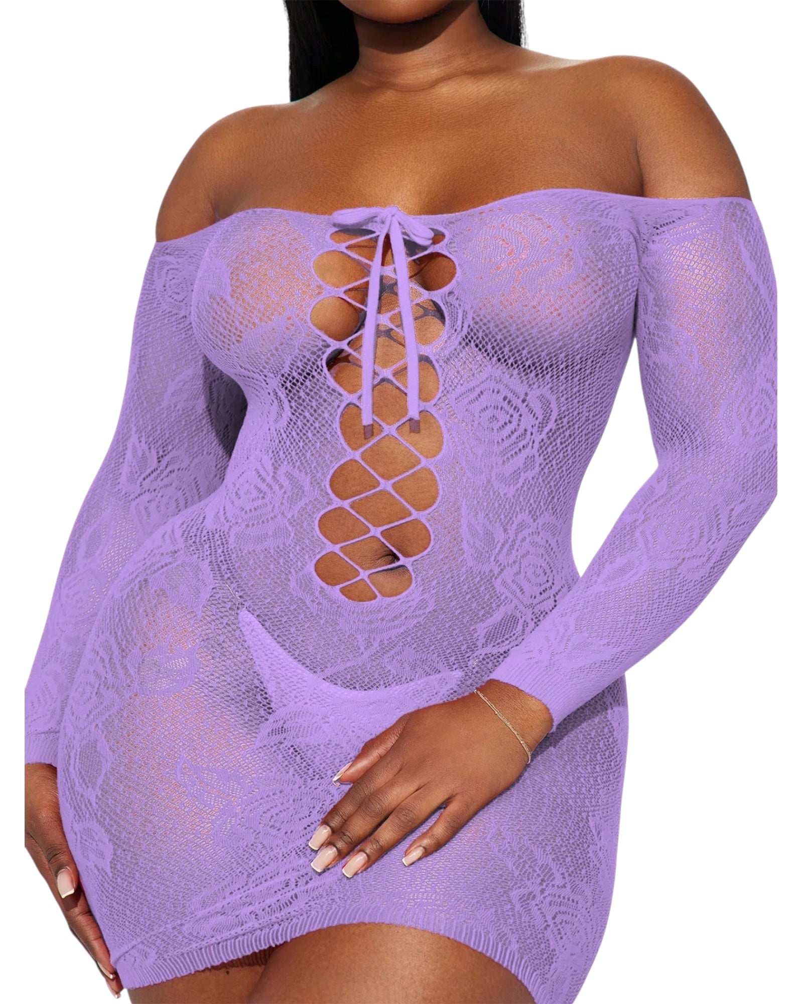 Front view of light purple lace-up off-shoulder mini dress with sheer floral design.