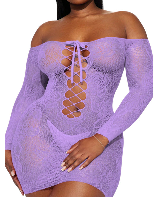 Front view of light purple lace-up off-shoulder mini dress with sheer floral design.