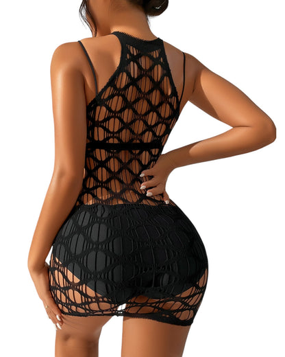 Back view of model wearing black fishnet cutout mini dress with high neckline and bodycon fit – Midnight Allure sexy lingerie. 
