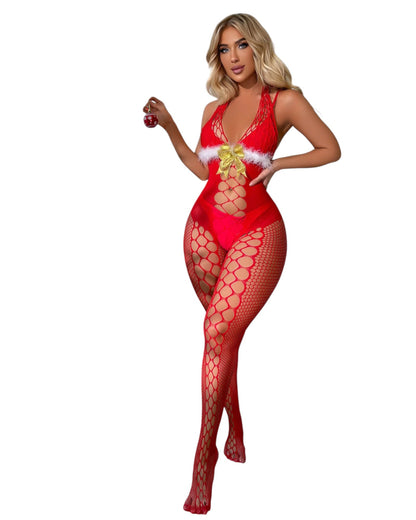 Front view of model wearing red cutout fishnet bodystocking with faux fur trim and gold bow - naughty Christmas lingerie.
